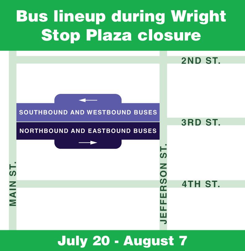 Bus lineup during Wright Stop Plaza closure; July 20 - August 7